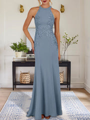 Dusty Blue Sheath Halter Long Mother of Bride Dress With Appliques