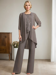 Separates Jumpsuit/Pantsuit Scoop Floor-Length Chiffon Lace Mother of the Bride Dress With Beading Sequins