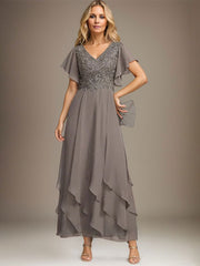 A-line V-Neck Ankle-Length Lace Chiffon Mother of the Bride Dress With Cascading Ruffles