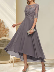 A-line Boat Neck Illusion Asymmetrical Chiffon Lace Mother of the Bride Dress With Sequins Beading