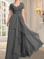 A-line Sweetheart Floor-Length Chiffon Lace Mother of the Bride Dress With Beading Cascading Ruffles