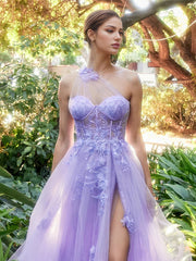 Purple A Line One Shoulder Long Appliqued Prom Dress With Slit