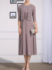 A-line Scoop Tea-Length Chiffon Mother of the Bride Dress With Pleated