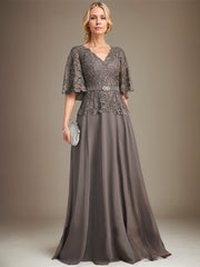 A-line V-Neck Floor-Length Chiffon Lace Mother of the Bride Dress With Crystal Brooch Rhinestone