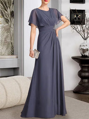 A-line Scoop Floor-Length Chiffon Mother of the Bride Dress With Pleated Beading