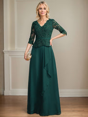 A-line V-Neck Floor-Length Lace Chiffon Mother of the Bride Dress With Cascading Ruffles Sequins