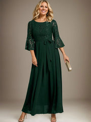 A-line Scoop Ankle-Length Lace Chiffon Mother of the Bride Dress With Bow