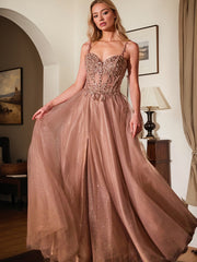 Rose Gold A Line Spaghetti Straps Long Prom Dress With Beadings