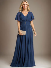 A-line V-Neck Floor-Length Chiffon Mother of the Bride Dress With Crystal Brooch Pleated