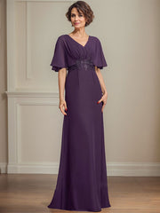 A-line V-Neck Floor-Length Chiffon Mother of the Bride Dress With Pleated Sequins Appliques Lace