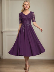 A-line V-Neck Tea-Length Lace Chiffon Mother of the Bride Dress With Sequins