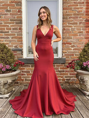 Red Mermaid Deep V Neck Satin Long Prom Dress with Bow