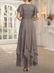 A-line V-Neck Ankle-Length Lace Chiffon Mother of the Bride Dress With Cascading Ruffles