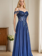 Dark Blue A Line Spaghetti Straps Long Prom Dress With Appliques