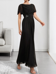 A-line Scoop Ankle-Length Chiffon Mother of the Bride Dress With Beading Pleated