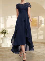 A-line Scoop Illusion Asymmetrical Chiffon Lace Mother of the Bride Dress With Bow Ruffle Sequins