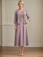 A-line Scoop Tea-Length Lace Chiffon Mother of the Bride Dress