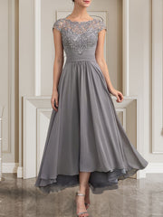 A-line Scoop Illusion Asymmetrical Lace Chiffon Mother of the Bride Dress With Pleated