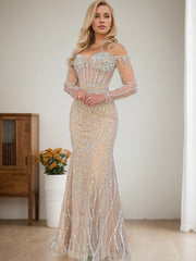 Sparkly Champagne Mermaid Off the Shoulder Long Prom Dress With Corset