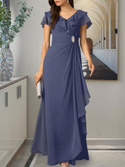 Stormy A-Line V-Neck Ruched Chiffon Dress