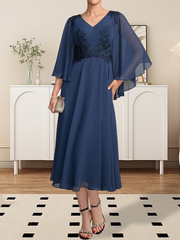 A-line V-Neck Tea-Length Chiffon Lace Mother of the Bride Dress With Beading Sequins