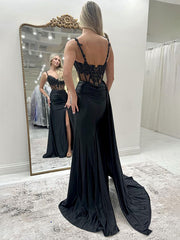 Black Mermaid Corset Side Cape Long Prom Dress with Slit