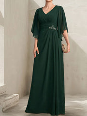 Sheath/Column V-Neck Floor-Length Chiffon Mother of the Bride Dress With Pleated Sequins Beading