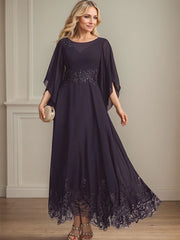 A-line Scoop Illusion Ankle-Length Lace Chiffon Mother of the Bride Dress With Sequins