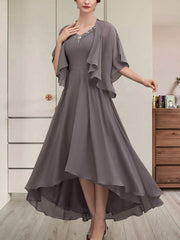 A-line V-Neck Asymmetrical Chiffon Mother of the Bride Dress With Beading Sequins