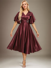 A-line V-Neck Tea-Length Stretch Satin Mother of the Bride Dress With Beading Pleated