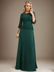 A-line Scoop Illusion Floor-Length Chiffon Lace Mother of the Bride Dress With Pleated Sequins Beading