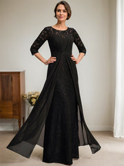 A-Line Scoop Illusion Floor-Length Lace Chiffon Mother Of the Bride Dress With Beading Ruffles