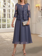 A-line Scoop Tea-Length Lace Chiffon Mother of the Bride Dress With Sequins