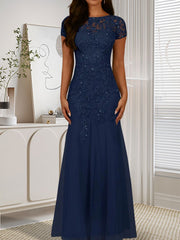 Dark Navy Mermaid Scoop Sequins Tulle Dress