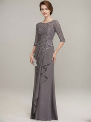 A-line Scoop Illusion Floor-Length Lace Chiffon Mother of the Bride Dress With Cascading Ruffles