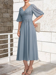 A-line V-Neck Tea-Length Lace Chiffon Mother of the Bride Dress With Pleated