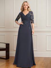 A-line V-Neck Floor-Length Lace Chiffon Mother of the Bride Dress With Pleated Sequins