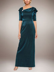 Long Shimmer Column Dress with Foldover Cuff L-Neckline and Elbow Sleeves