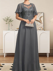 A-line Scoop Illusion Floor-Length Lace Chiffon Mother of the Bride Dress With Sequins