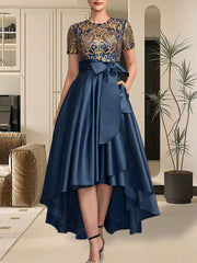 A-line Scoop Asymmetrical Satin Sequin Lace Mother of the Bride Dress With Bow