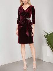 Short Velvet Sheath Dress with Surplice Neckline, Cascade Skirt and Embellishment Detail at Hip