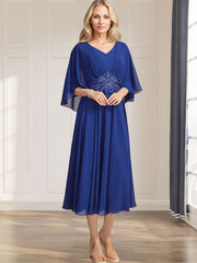 A-line V-Neck Tea-Length Chiffon Mother of the Bride Dress With Pleated Sequins Appliques Lace Beadind