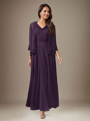 Plum A-Line Sequins Chiffon Dress