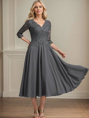 A-line V-Neck Tea-Length Chiffon Lace Mother of the Bride Dress With Beading Sequins