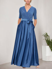 Surplice Neckline Ballgown with Full Satin Skirt & Jersey Bodice