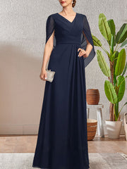 Dark Navy A-Line V-Neck Long Mother of Bride Dress