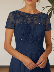 Dark Navy A-Line Boatneck Sequins Chiffon Dress