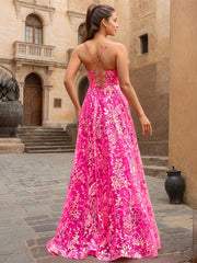 Sparkly Fuchsia A Line Floral Corset V-Neck Sequin Prom Dress