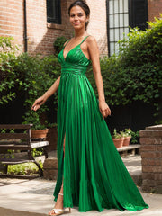 Dark Green Metallic V-Neck Pleated Corset Prom Dress with Slit