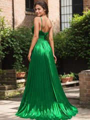 Dark Green Metallic V-Neck Pleated Corset Prom Dress with Slit